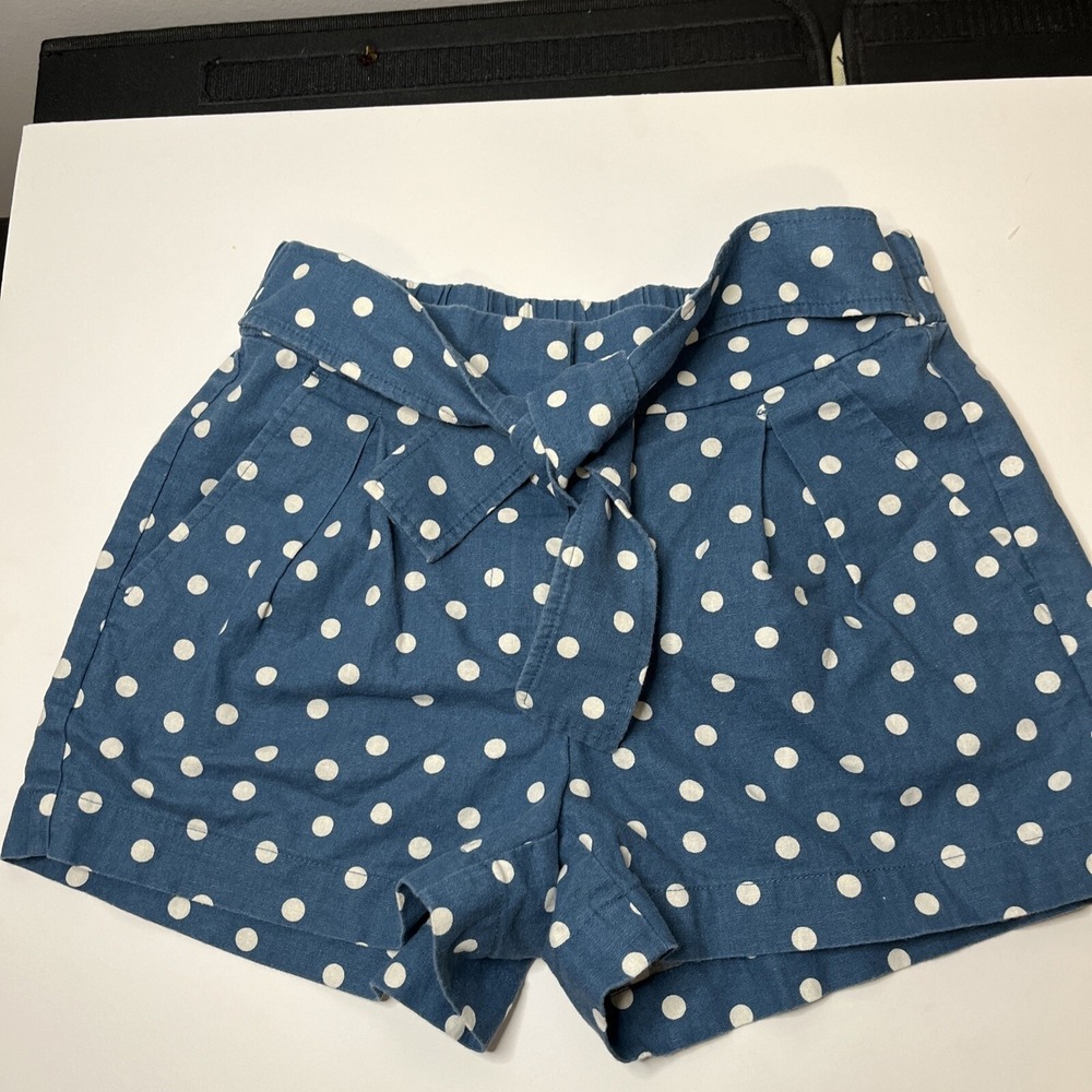 J.Crew Blue White Polka Dot Linen Blend Paper Bag Waist Shorts Size 0